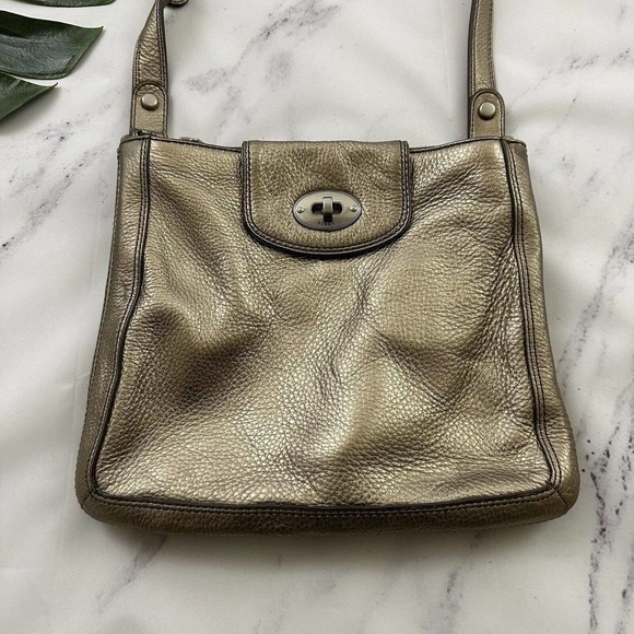 Fossil Leather Cross Body Purse Bag Silver Gold Metallic Square Medium - Picture 3 of 10